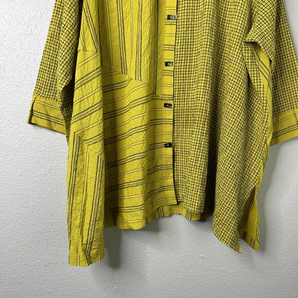 Ali Miles Wearable Art Asymmetric Tunic Citron 2X Crinkle Striped Button Blouse - Picture 3 of 13